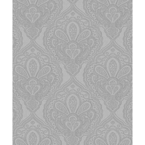 Emporium Collection Silver Mehndi Damask Embossed Metallic Finish Paper Non-Pasted Non-Woven Wallpaper Roll