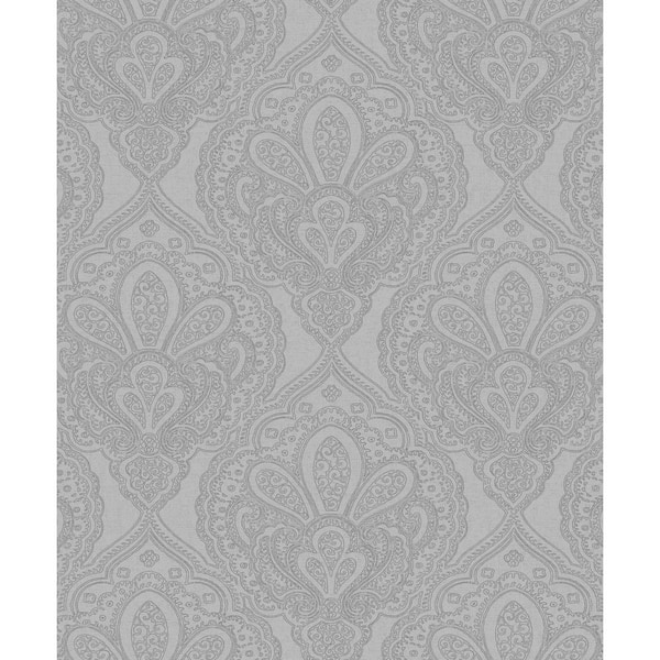Unbranded Emporium Collection Silver Mehndi Damask Embossed Metallic Finish Paper Non-Pasted Non-Woven Wallpaper Roll