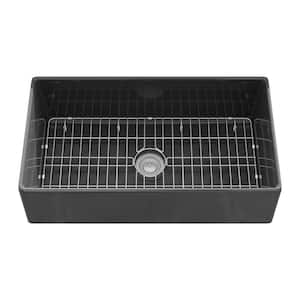 3620 36 in. Farmhouse Apron Single Bowl Black Fireclay Kitchen Sink with Bottom Grid and Drain