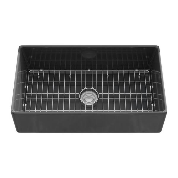 Sinber 3620 36 in. Farmhouse Apron Single Bowl Black Fireclay Kitchen Sink with Bottom Grid and Drain