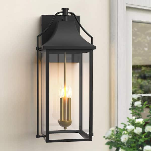 Hawaii 25 in. H 3-Bulb Black/Gold Hardwired Outdoor Wall Lantern Sconce with Dusk to Dawn