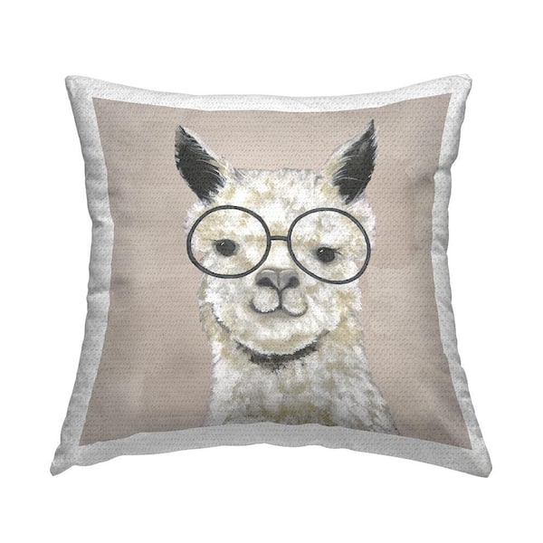 Smiling Farm Alpaca Glasses Beige Square Outdoor Throw Pillow