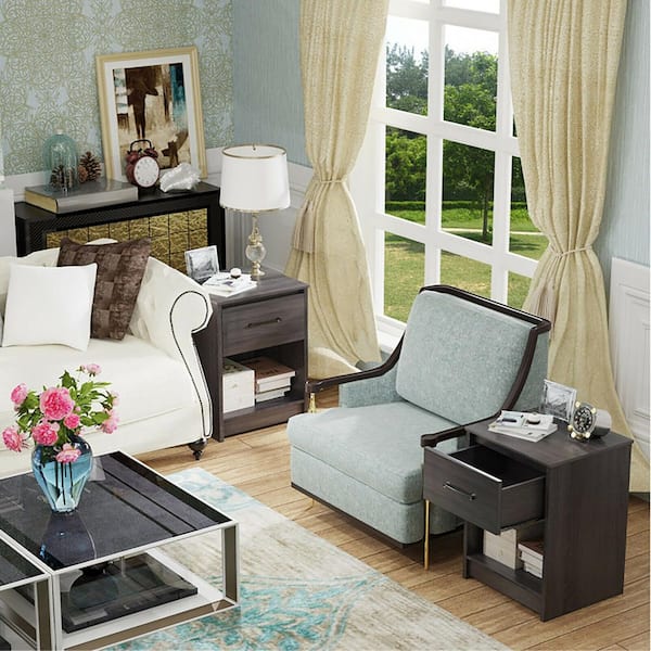 Black 1 Drawer Wooden Nightstand with Open Storage Compartment