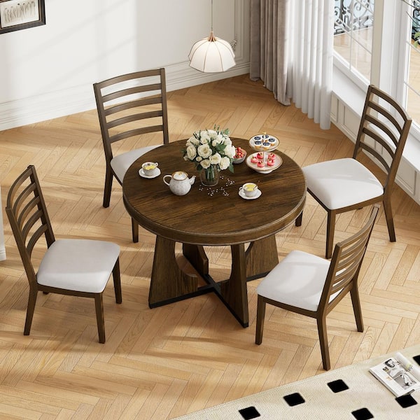 5-Piece Round Extendable Walnut MDF Top Dining Table Set Seats 4