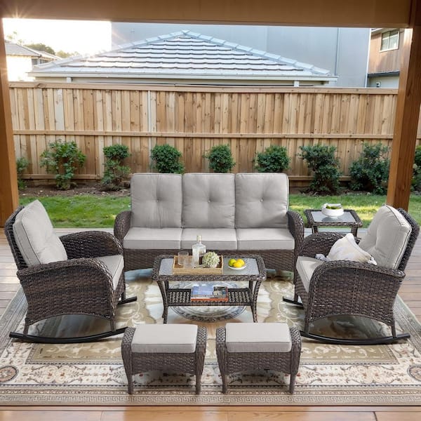 Brown 7-Piece Wicker Patio Conversation Set with Rocking Chairs, Outdoor Sofa Seating Set with Olefin Beige Cushions
