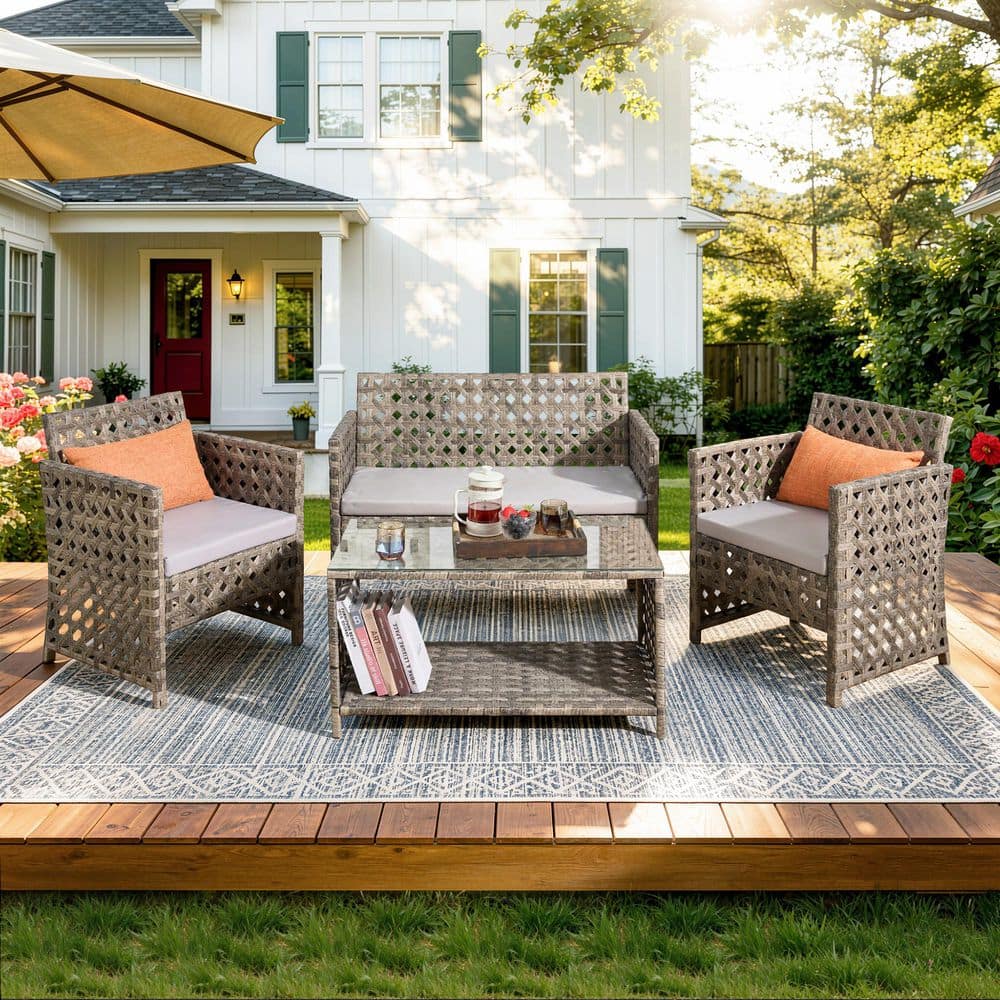Gray 4-Piece Wicker Outdoor Furniture Set Patio Conversation Set with Light Gray Cushion and Coffee Table for Porch,Yard price history on PriceWatchPro