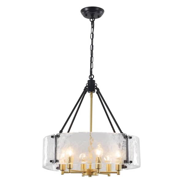 ZJVAIVE 19.68 in. 6-Light Matte Black/Golden Drum Chandelier with Glass Shade and No Bulbs Included For Dinning Room Foyer