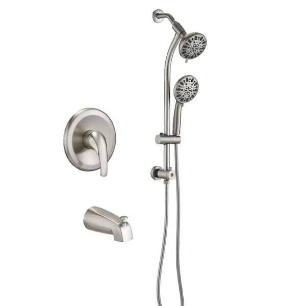 Single Handle 7-Spray Tub and Shower Faucet 1.8 GPM Brass Rain Wall Mount Shower System Valve Included Brushed Nickel
