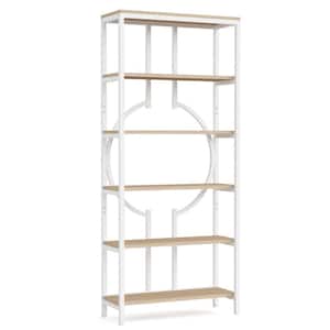 Kaduna 70.9 in. Tall White Wooden 6-Shelf Etagere Bookcase with Light Walnut Open Back Shelves, Storage