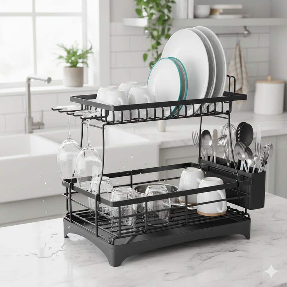 Dish Racks Only Lynzavix Stainless Steel 2-Tier Dish Rack w/ Cutlery andCup Holder ...