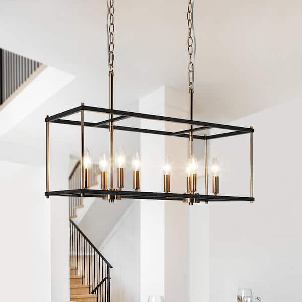 Uolfin Modern Black Dining Room Chandelier, 8-Light Brass Contemporary Island Shaded Chandelier with Fabric Shades