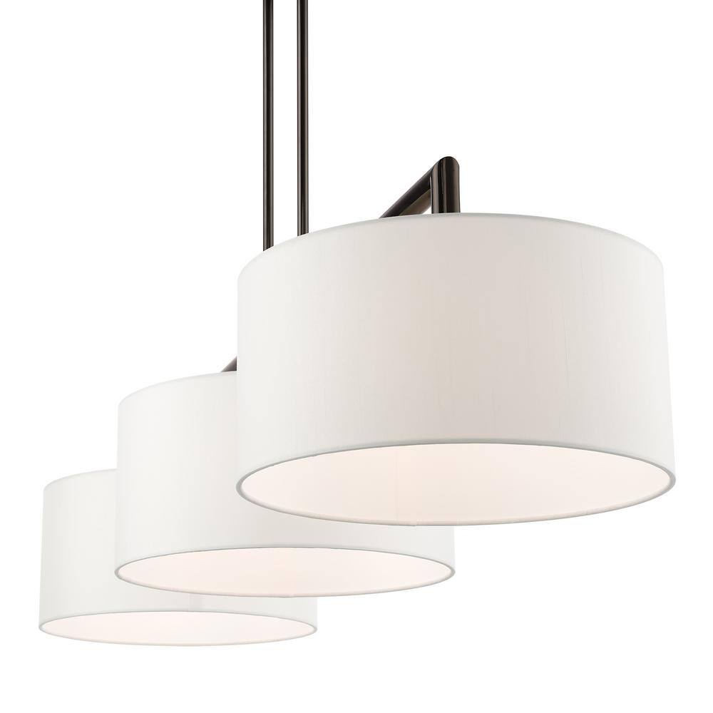 Black Chrome 3-Light Linear Chandelier with Off-White Shades