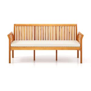 3-Person Wood Bench with Soft Off White Seat Cushions