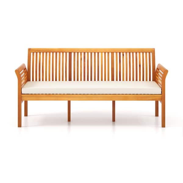 ANGELES HOME 3-Person Wood Bench with Soft Off White Seat Cushions