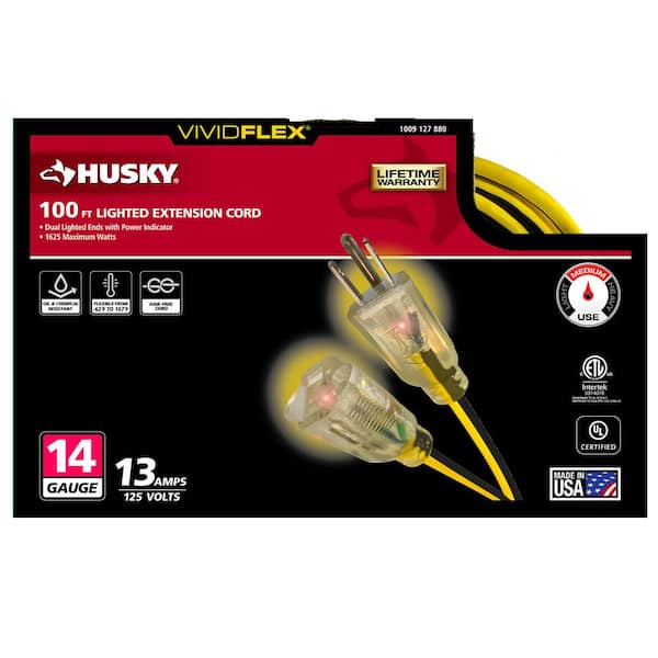 Husky VividFlex 100 ft. 14/3 Heavy Duty Indoor/Outdoor Extension Cord with  Lighted End, Yellow 23100HY - The Home Depot