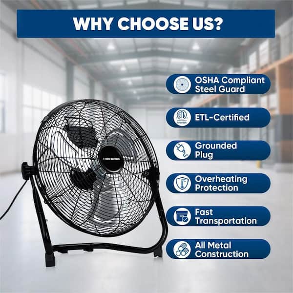 Ken Brown 14 in. Black High Velocity Floor Fan 3-Speed 360° Adjustable Tilting Powerful Airflow for Bedroom, Office, ETL