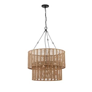 Display 3-Light Black Hanging Basket Pendant Natural Weave Shade