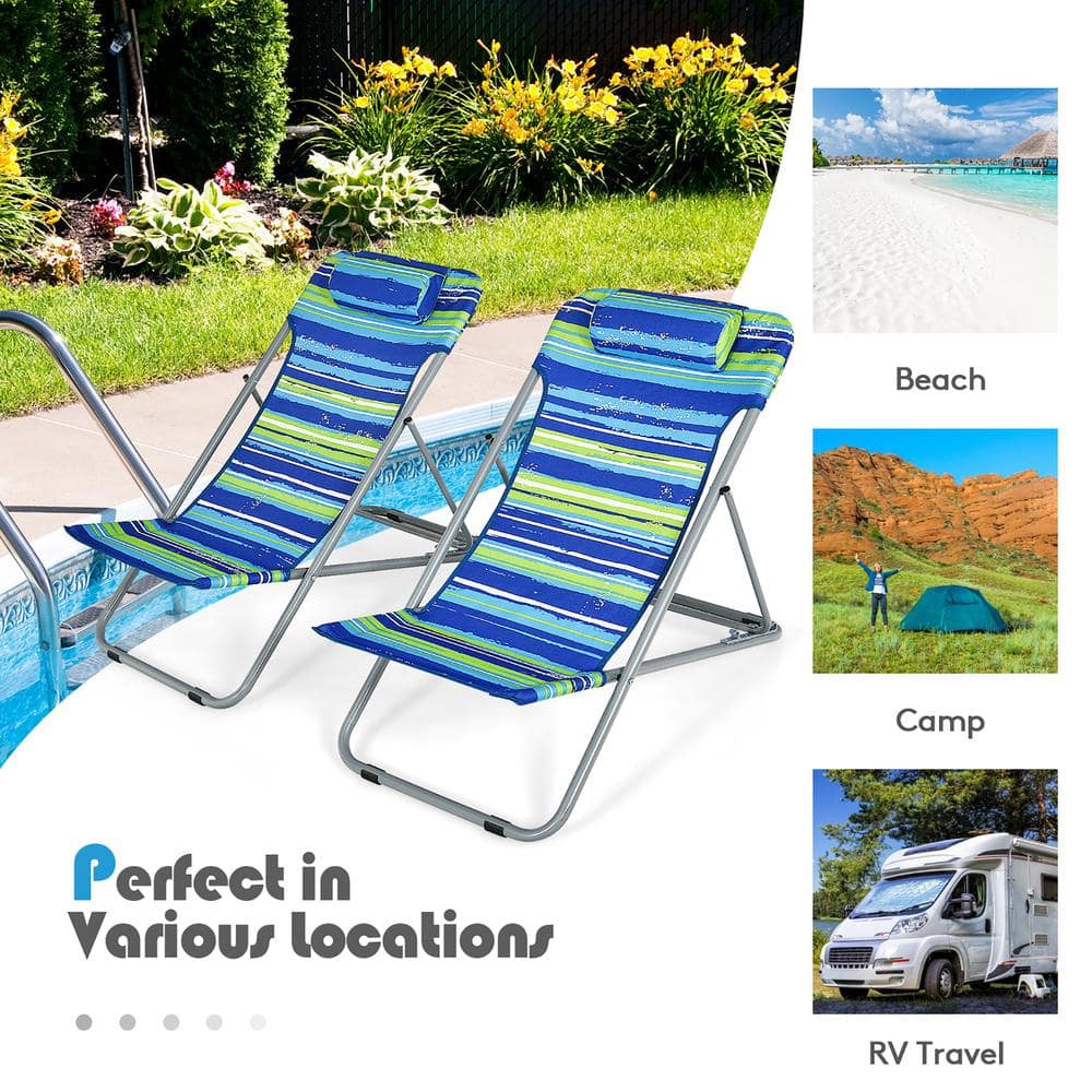 Blue Striped Folding Armless Camping Beach Chairs with Headrest, Set of 2