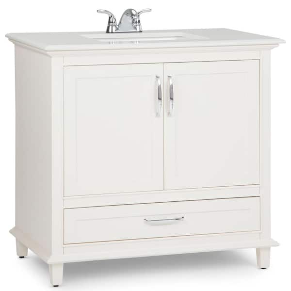 Simpli Home Ariana 36 in. W x 21.5 in. D Bath Vanity in Soft White with Quartz Marble Vanity Top in Bombay White with White Basin