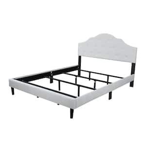 Beige Metal Frame Queen Size Platform Bed with Linen Upholstery