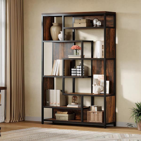 BYBLIGHT Eulas 70 in. Tall Brown and Black Wood 7-Shelf Etagere Bookcase with Anti-tipping Device Adjustable Foot Pads