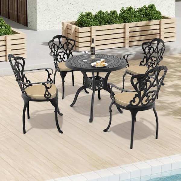 5-Piece Black Cast Aluminum Outdoor Dining Set with Off-White Cushions