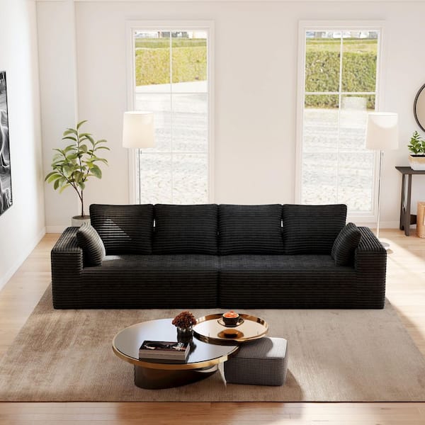 134 in. Square Arm Black Corduroy Fabric Rectangle Modular Sectional Sofa Boneless Couch with Pillows