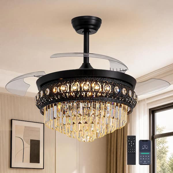 42 in. Black Crystal Retractable Ceiling Fan with Dimmable LED Light, DC Motor, Remote and APP Control