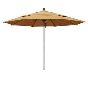 11 ft. Bronze Aluminum Commercial Market Patio Umbrella with Fiberglass Ribs and Pulley Lift in Wheat Sunbrella
