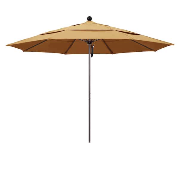 California Umbrella 11 ft. Bronze Aluminum Commercial Market Patio Umbrella with Fiberglass Ribs and Pulley Lift in Wheat Sunbrella