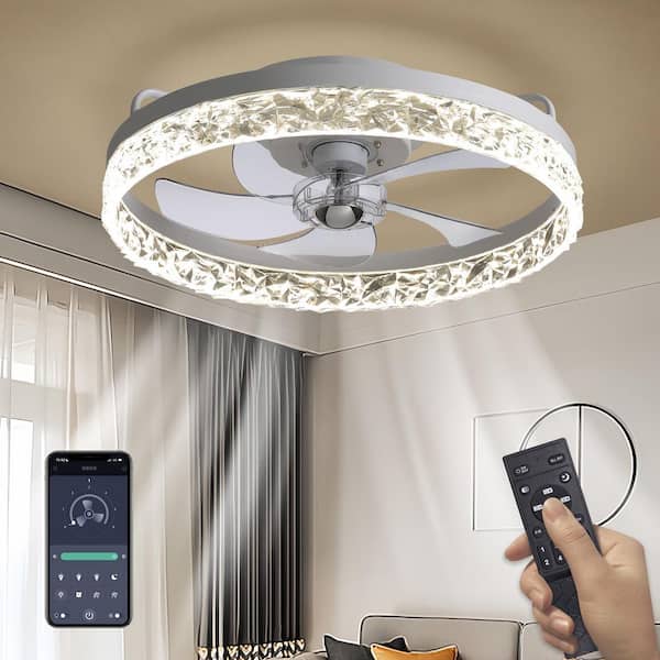 WDETR 20 in. Indoor Modern Gray Crystal Flush Mount Ceiling Fan and Remote Control for Small Room