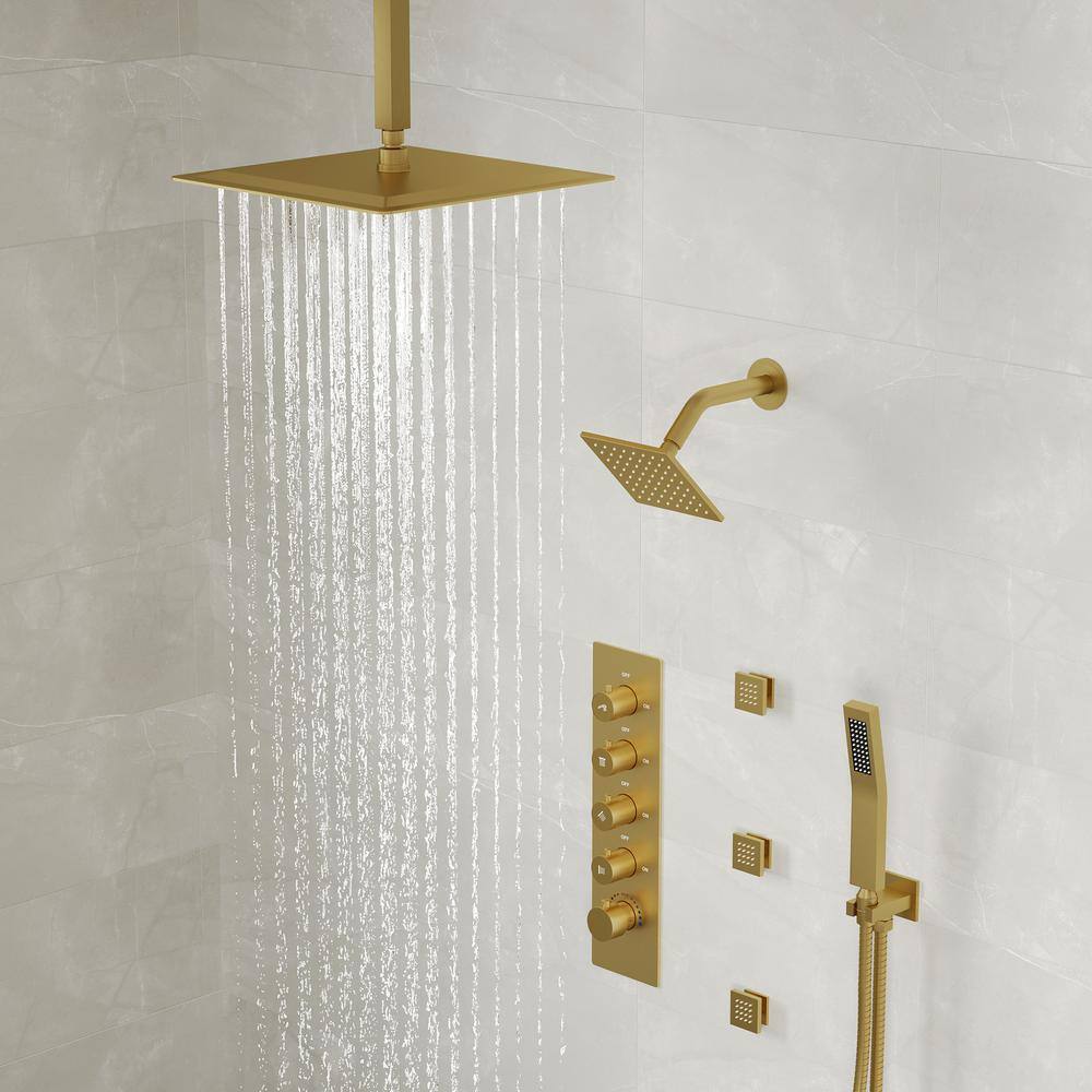 16" Brushed Gold Multi-Head Rainfall Shower System with Handheld