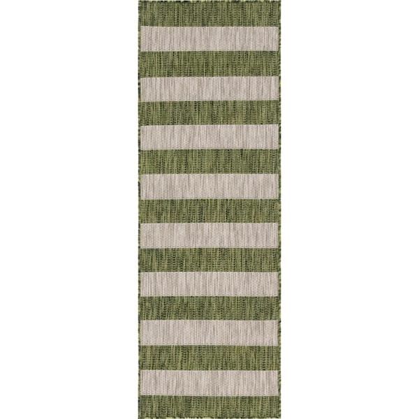 Outdoor Distressed Stripe Green 2 ft. x 6 ft. Runner Rug
