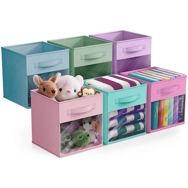 Foldable Storage Bins with Window and Handles, Multicolored 11 in. x 10.5 in. Fabric Decorative Basket (Set of 6)