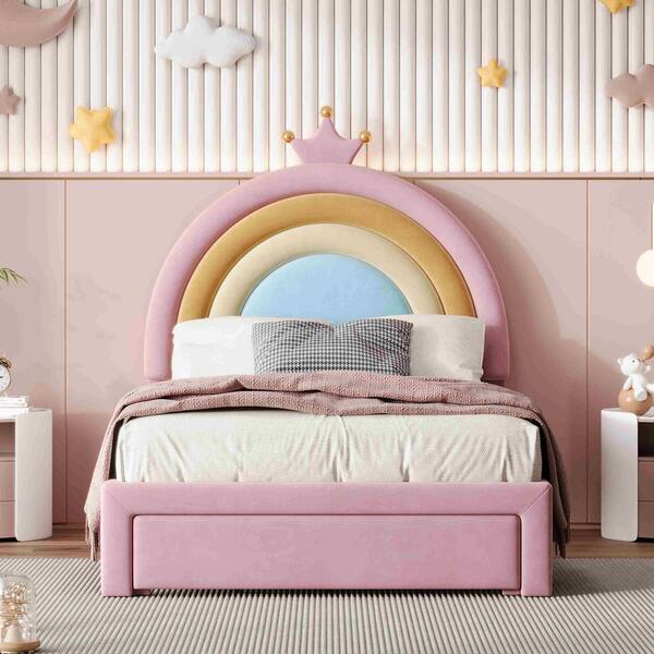 りー ピンクステッチ32 Polibi Pink Wood Frame Twin Size Platform Bed with Storage