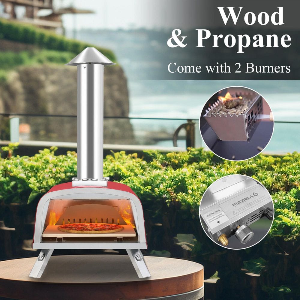 12" Red Stainless Steel Outdoor Gas and Wood Pizza Oven
