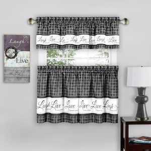 Live, Love, Laugh Charcoal Polyester Light Filtering Rod Pocket Tier and Valance Curtain Set 58 in. W x 24 in. L