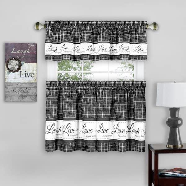 ACHIM Live, Love, Laugh Charcoal Polyester Light Filtering Rod Pocket Tier and Valance Curtain Set 58 in. W x 36 in. L