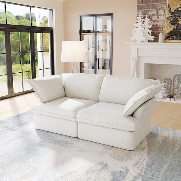 J&E Home 82.6 in. White Linen Velvet Fabric 3-Seater Rectangle Loveseat Couch with Removable Sofa Covers