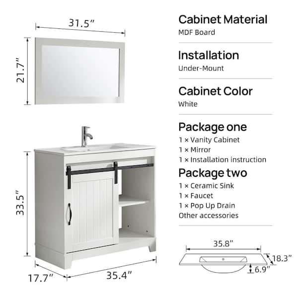 Wonline 35.4 in. W x 17.7 in. D x 33.5 in. H Single Sink Bathroom Vanity in White with Vanity Top and Mirror