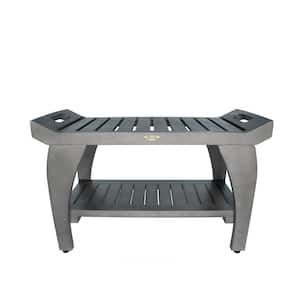 Tranquility 30 in. Teak Wood Shower Bench with Shelf and LiftAide Arms in Antique Gray Finish