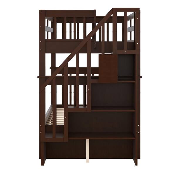 ANBAZAR Espresso Twin Bunk Bed with Stairway, Wood Bunk Beds with