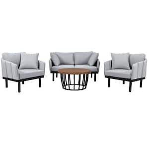 Modern 4-Piece Metal Outdoor Iron Conversation Loveseat Set with Gray Cushions, Acacia Wood Coffee Table, Arm Chairs