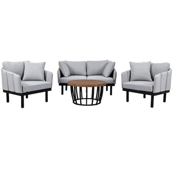 Rune say Modern 4-Piece Metal Outdoor Iron Conversation Loveseat Set with Gray Cushions, Acacia Wood Coffee Table, Arm Chairs