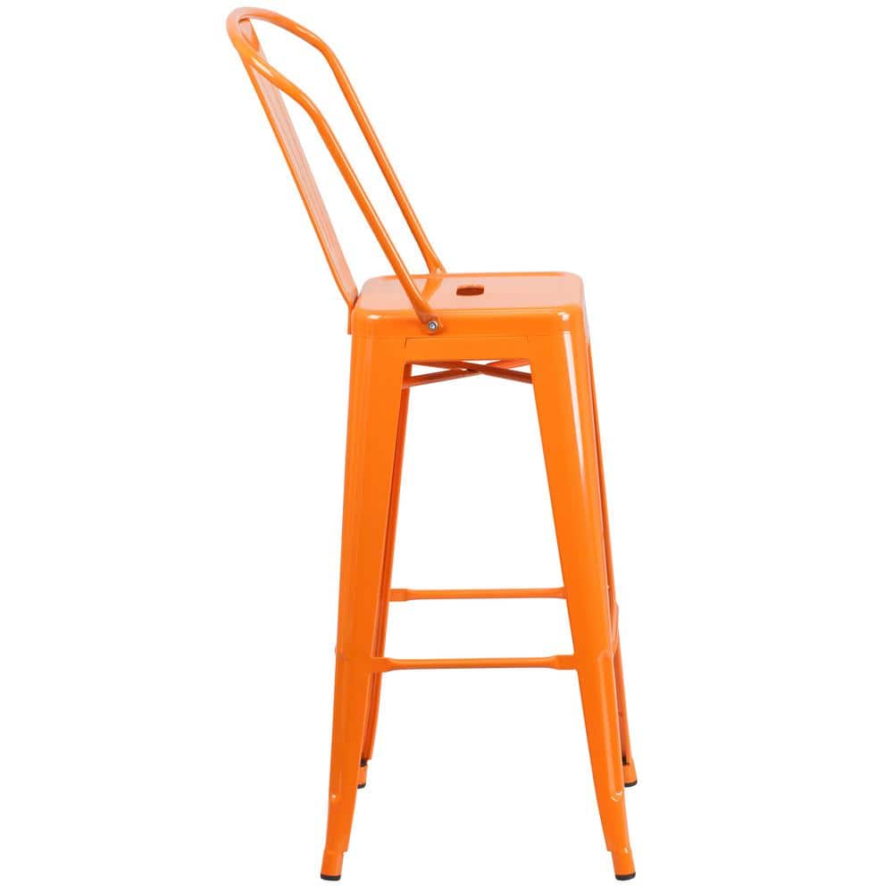 Bright Orange Metal 30" High Indoor-Outdoor Barstool with Slat Back