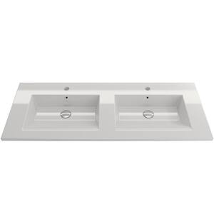 Ravenna Wall-Mounted 48 in. Double Bowl Matte White Fireclay Rectangular Vessel Sink for Two 1-Hole Faucets w/Overflow