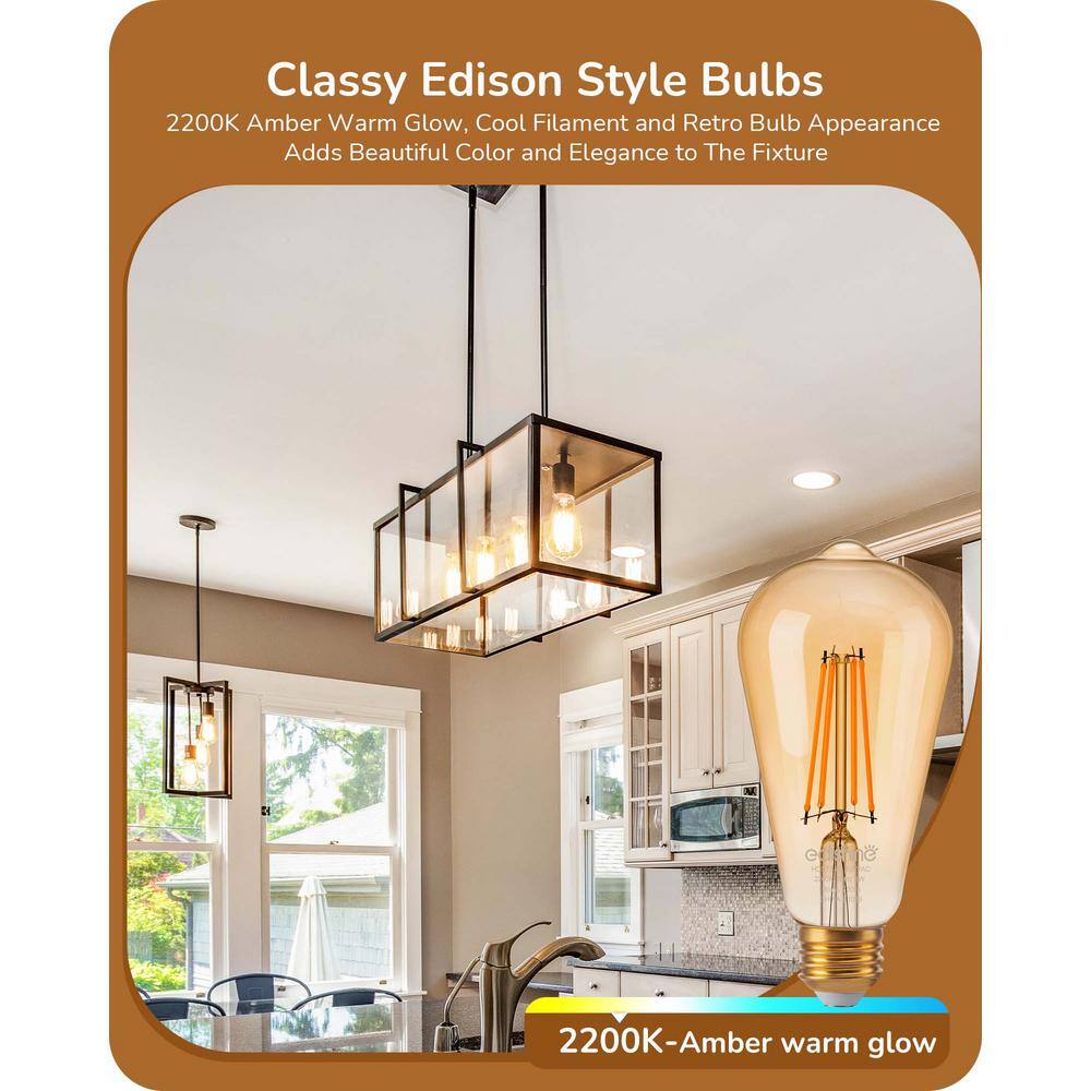 Amber Glass Vintage Edison LED Light Bulbs, 2200K Warm, 6-Pack