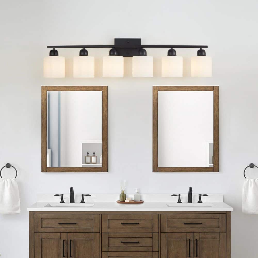38 in. 6-Light Black Bathroom Vanity Light Fixture with Milky White Frosted Glass Shades, no bulbs included price history on PriceWatchPro