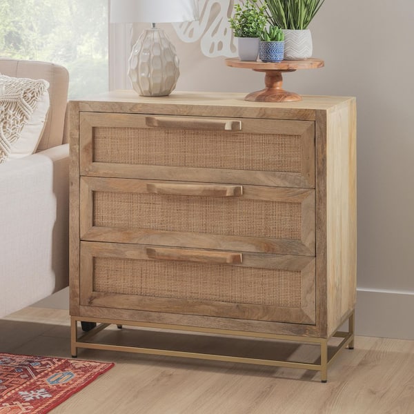 Linon Home Decor Casper Natural Rattan Cabinet with Three Drawers and Gold Legs