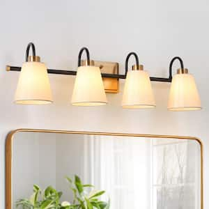 Modern Classic 28 in. W 4-Light Plated Brass and Black Linear Vanity Light with White Cone Fabric Shades